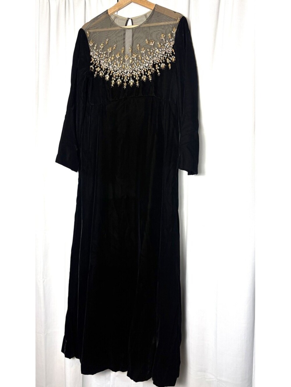 Vintage 70’s Malcolm Starr Bejeweled Black Velvet Empire Waist Gown Size 14